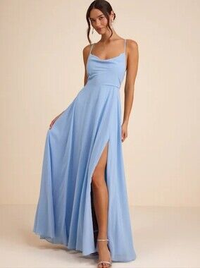 NWT LULU'S Tiered Pleated Maxi Dress Powder Blue Bridesmaid Large L
